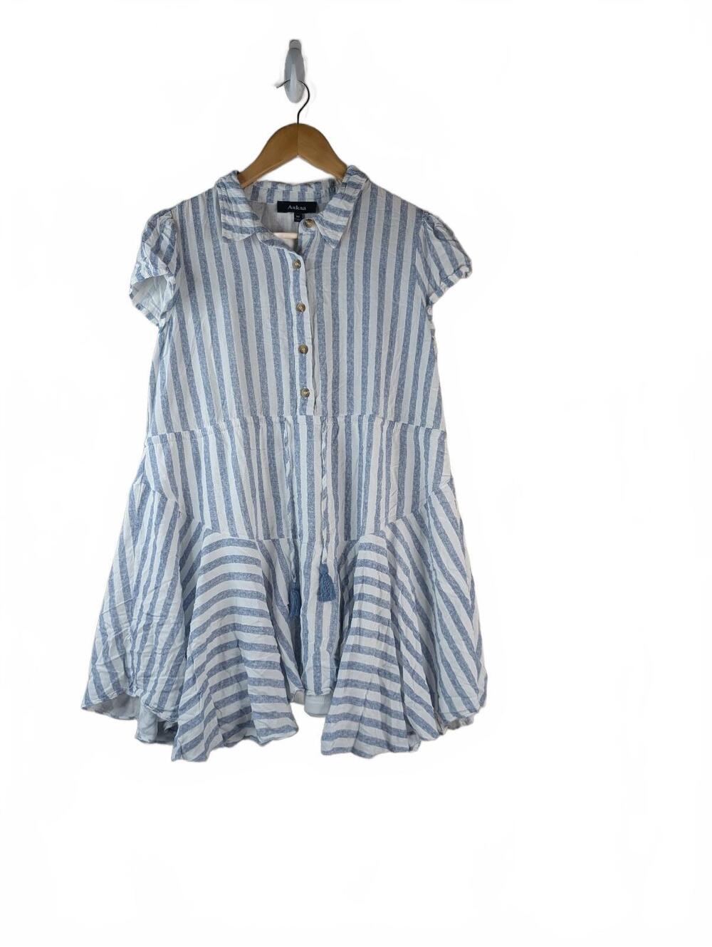 Aakaa Blue and White Striped Mini Tunic Dress, Size Medium